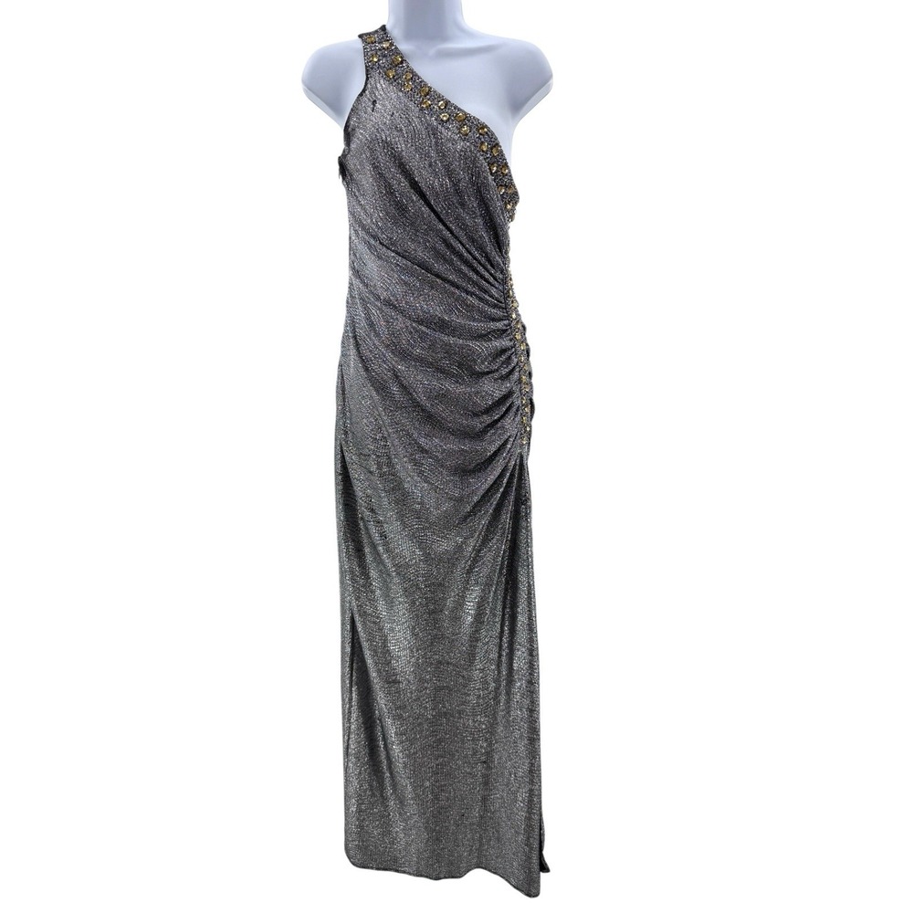 Y2K Caché One Shoulder Metallic Ruched Prom Gown Rhinestone Trim‎ Sz 4